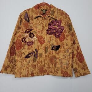 Mirasol floral embroidered jacket, size L, brown multicolor, boho, hippie, artsy